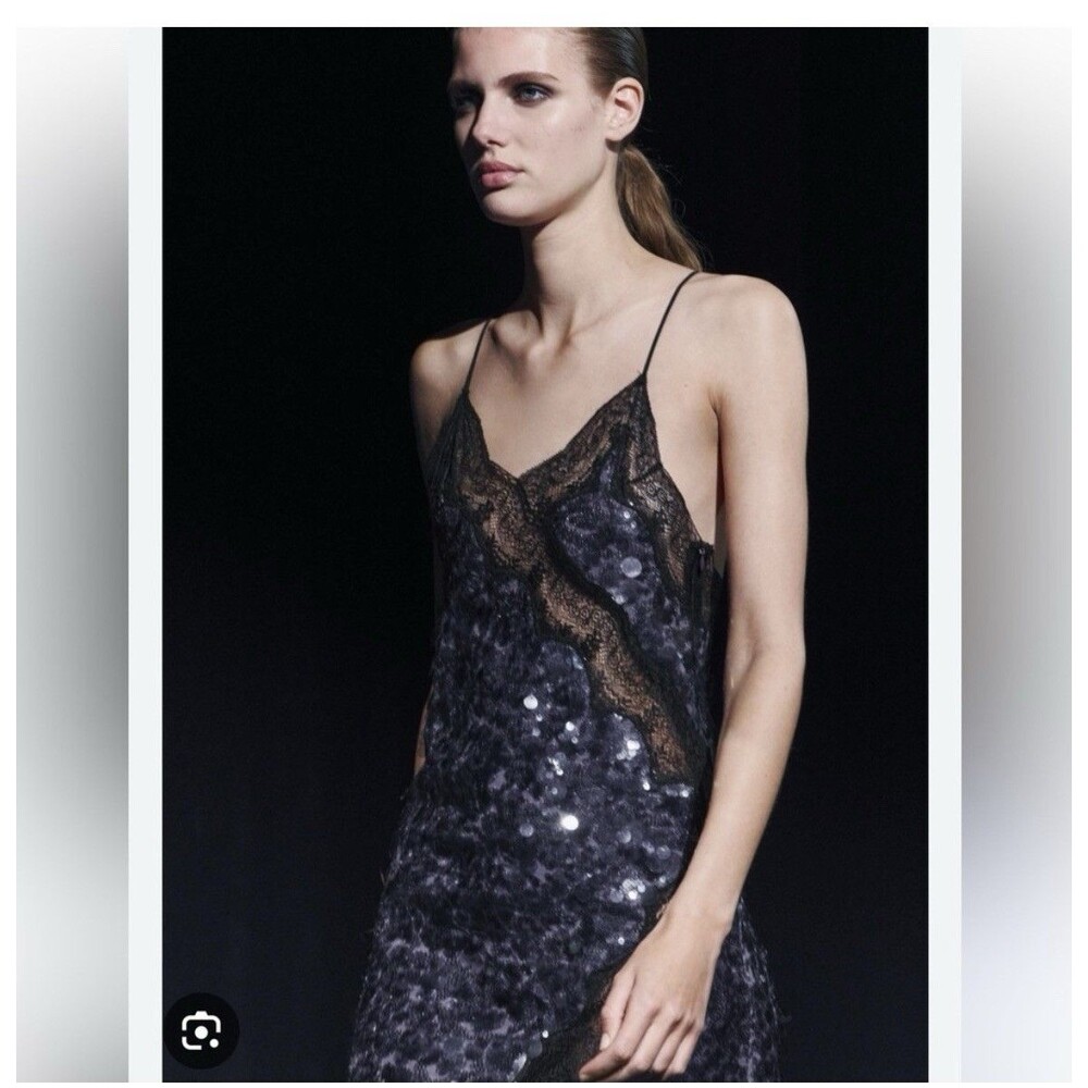 Zara Collection SzS Sequin Lace Slip Side Slit Midi Dress Grey Black Party NWOT - Picture 4 of 16